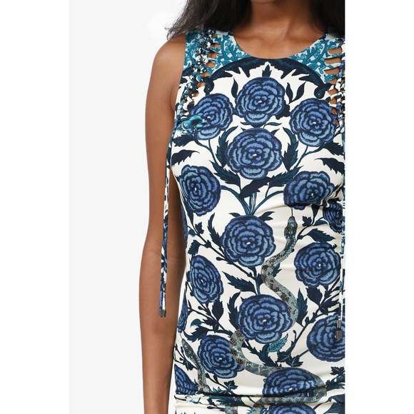 Roberto Cavalli Blue/White Floral & Snake Print Sleeveless Dress Size 38 - Picture 2 of 3